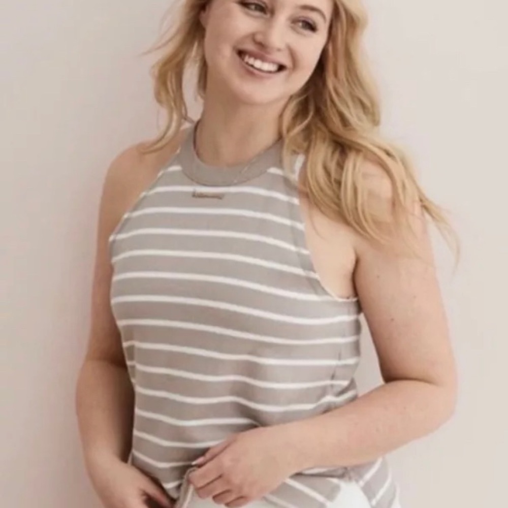 Aerie Ribbed Neckline Sleeveless Tan & White Striped Tank